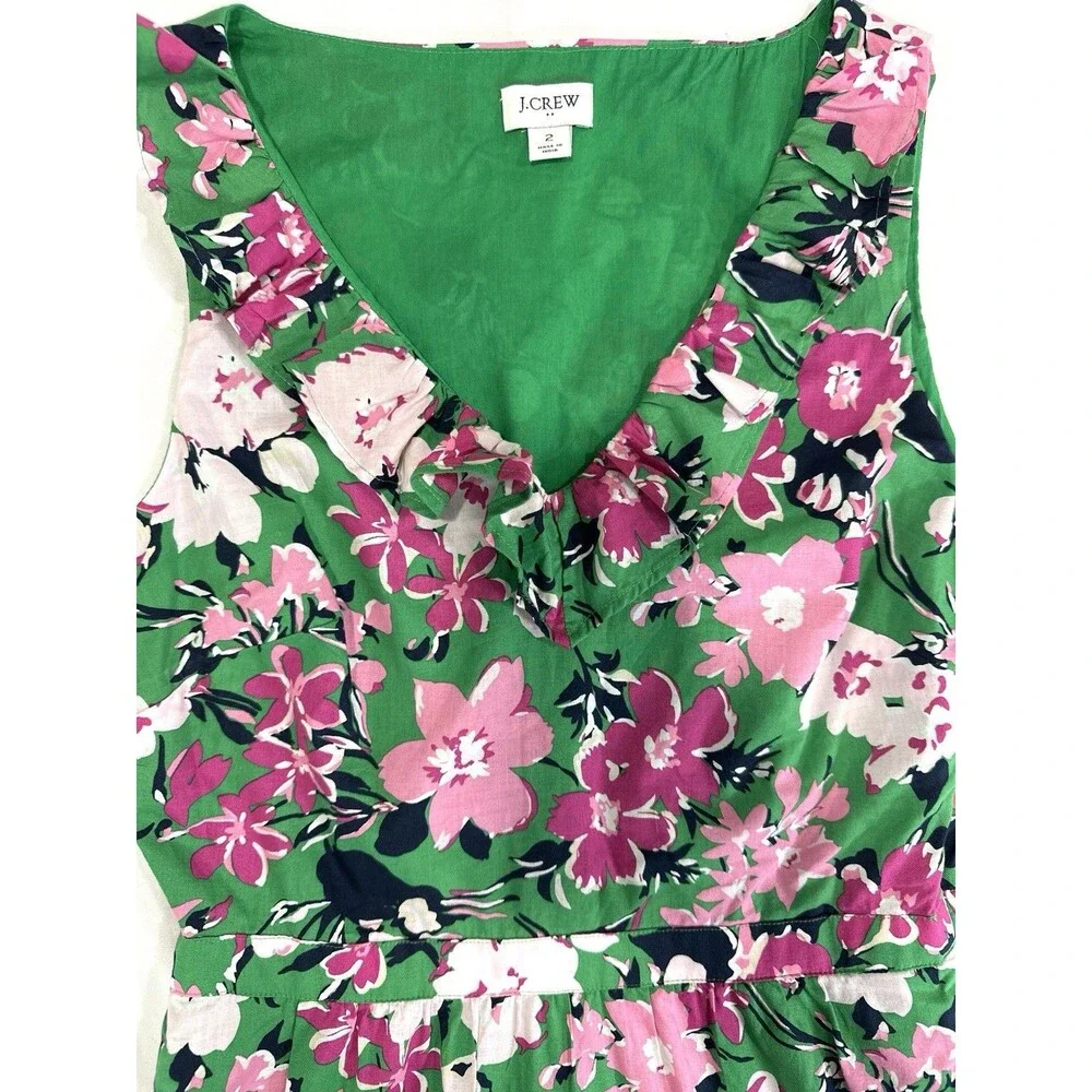 J. Crew Ruffle V-Neck Midi Dress Green Pink Size 2 Floral 100% Cotton Lined - Picture 5 of 9